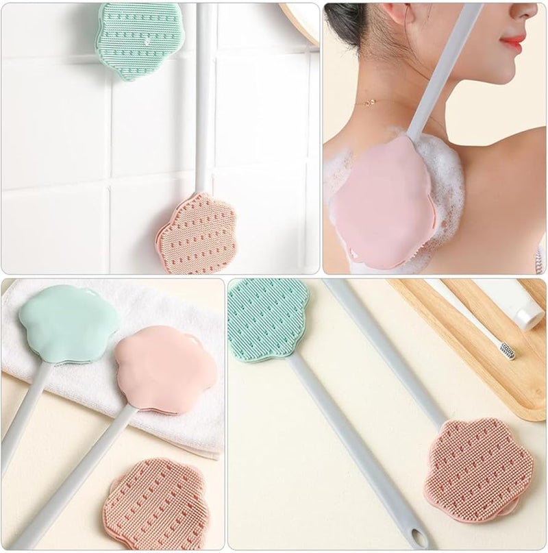 Pink Long Handle Silicone Shower Brush For Back Body Scrubbing Soft Bristles Wet Dry Skin Care - Image 4
